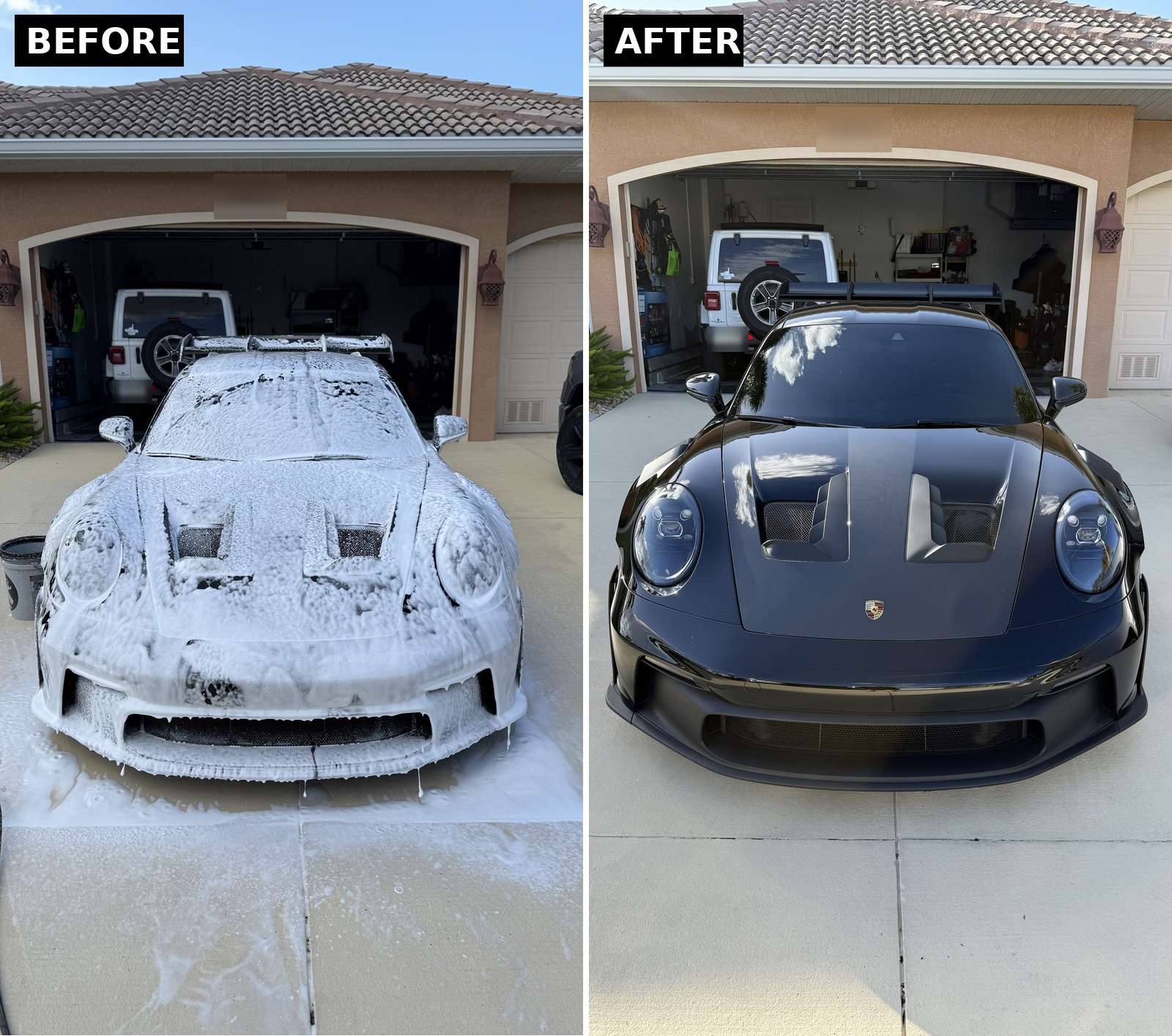 Before and after exterior detail of a black Porsche 911 GT3 RS with full-body paint protection film: covered in wash foam on the left, clean and glossy on the right